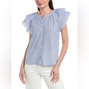 LILLA P Sz M Ruffle Sleeve Button Down with White and Blue Stripes